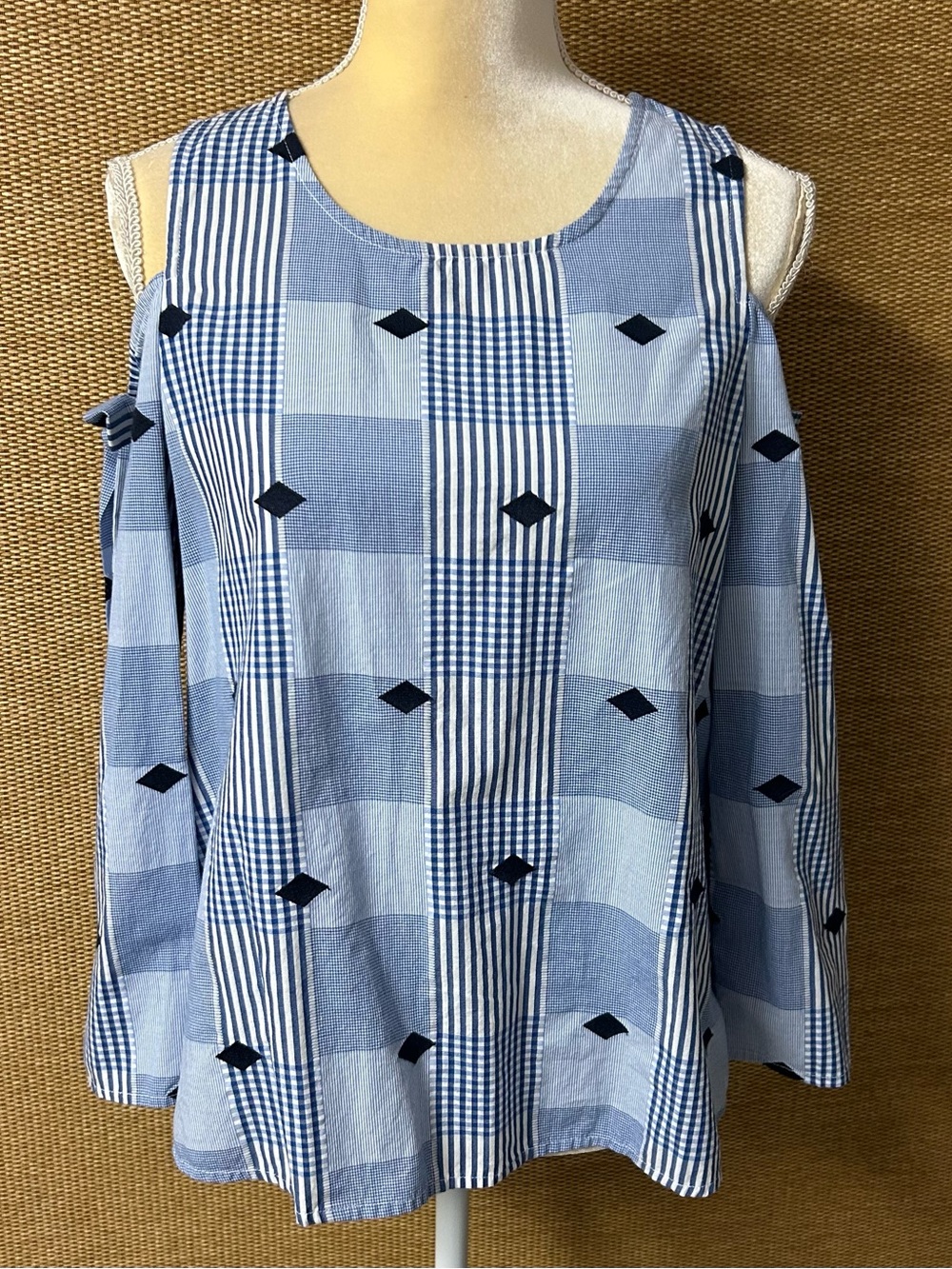 Crown & Ivy Top Women's Small Blue Check Pattern Embroidered Cold Shoulder Bows